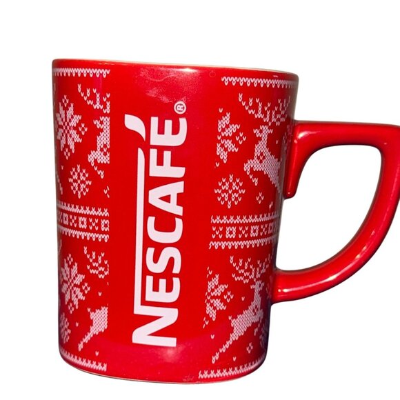 Nescafe Red Ceramic Holiday Mug Set 12 Oz With Handle Snowflake Reindeer Design - Picture 2 of 8